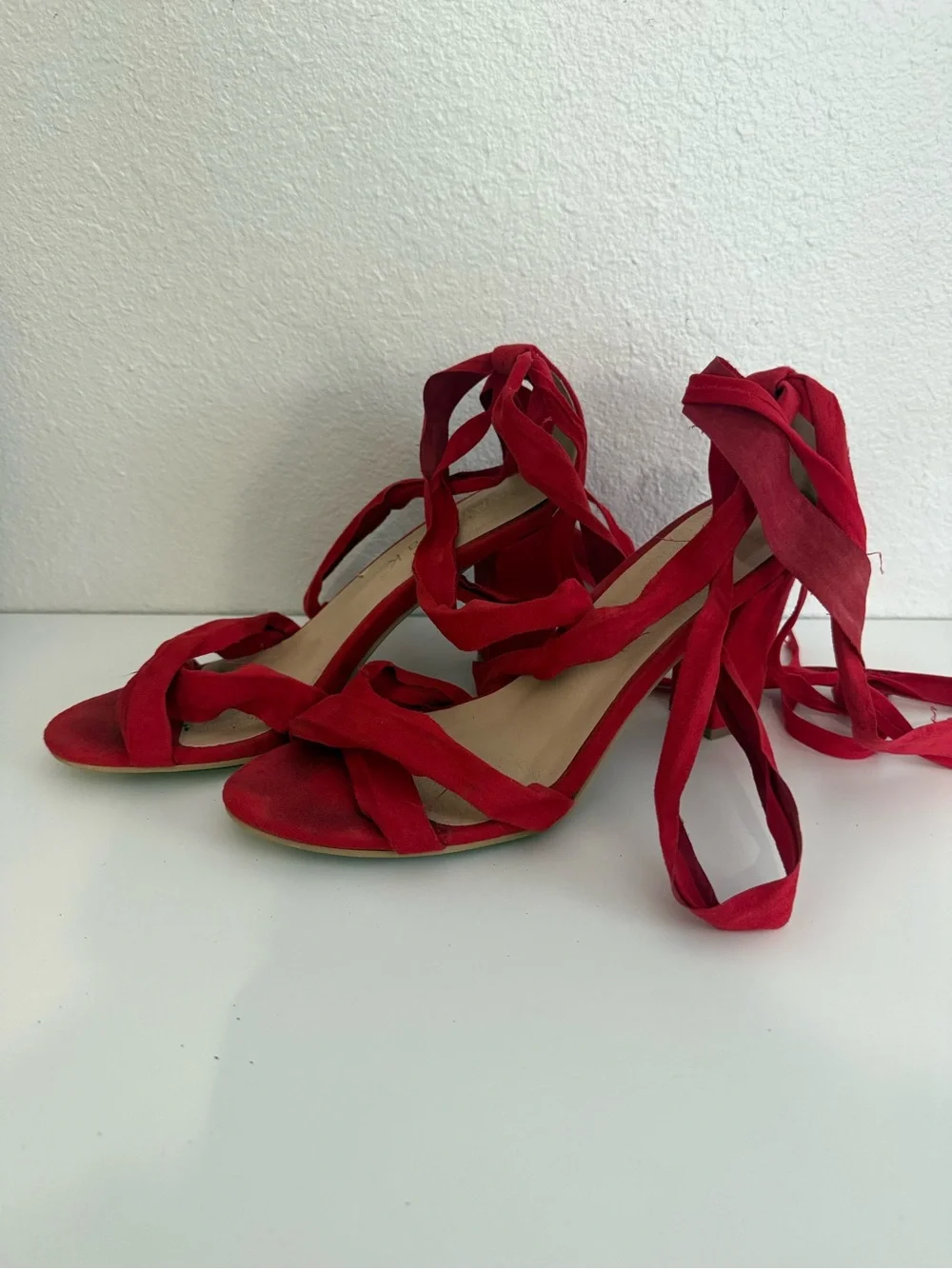 Red Suede Lace-Up Heeled Sandals - Women
